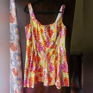 Jones Wear Yellow Floral Tank Dress with Pink, Yellow, And Orange Blooms Size 16